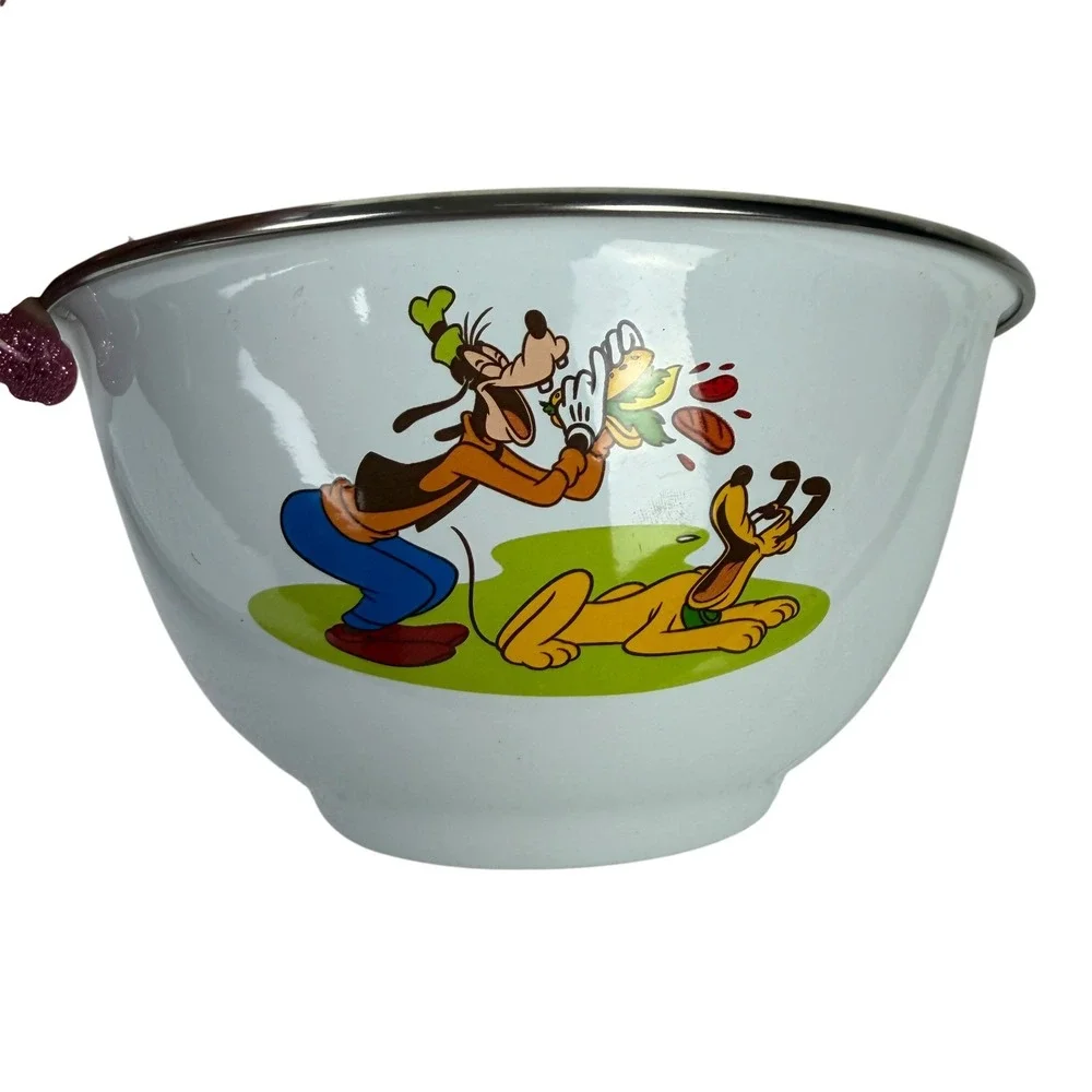 Disney Store Goofy‎ and Pluto Melamine Bowl White Floral Interior 6 Inch